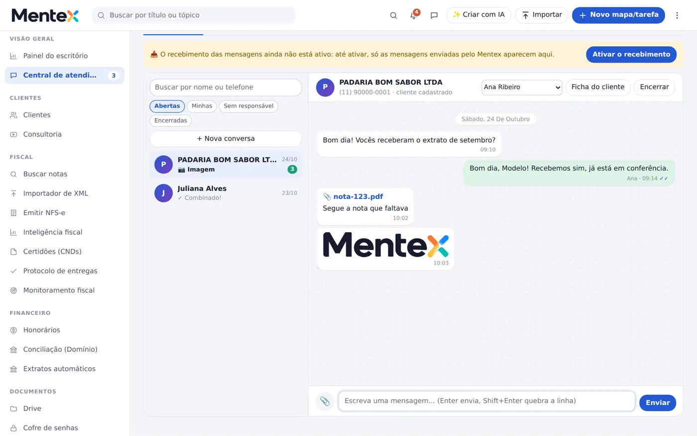 Tela do Mentex: central de atendimento pelo whatsapp