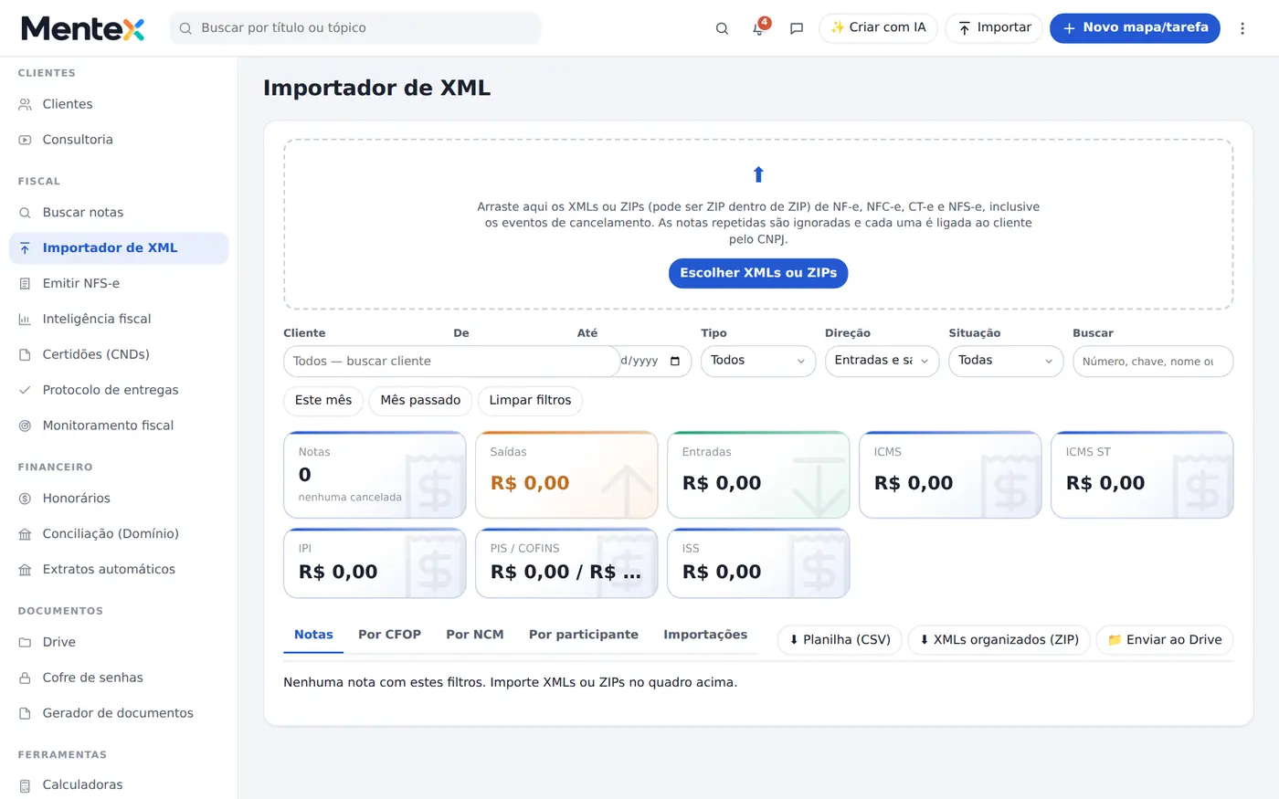 Tela do Mentex: notas fiscais: importação, busca na sefaz e emissão de nfs-e